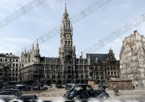 Marienplatz mit Neuem Rathaus und Kriegsschäden, April 1949