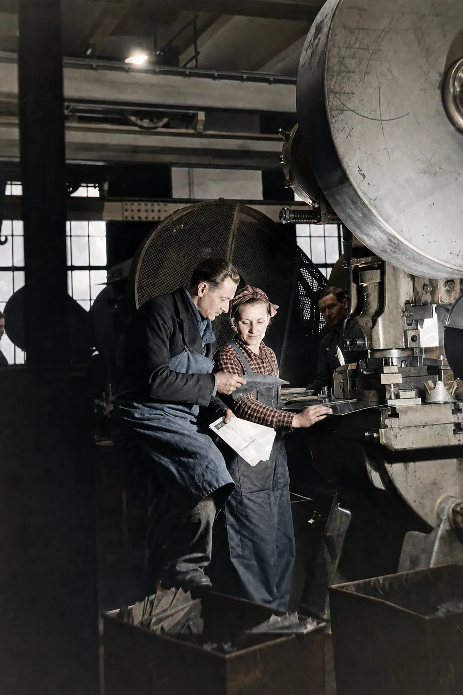 Personen vor Technik in einer Fabrik- oder Ausstellungshalle