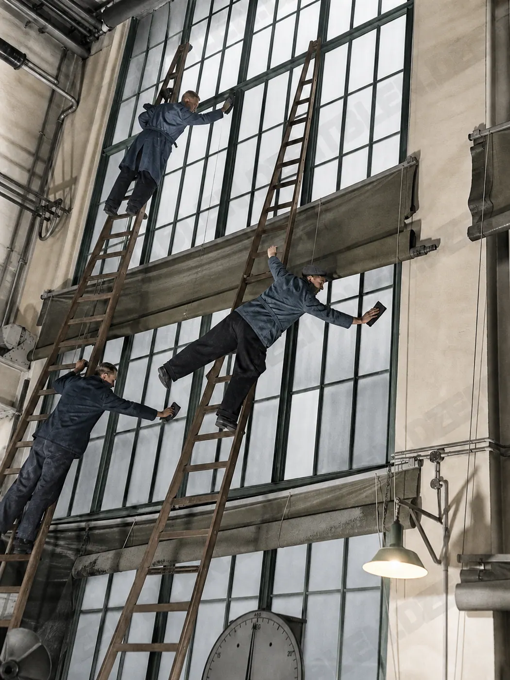 Fensterreinigung in einer AEG-Fabrikhalle