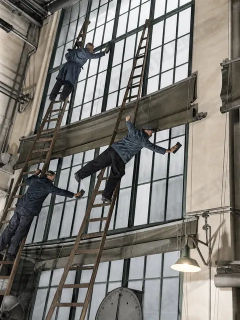 Fensterreinigung in einer AEG-Fabrikhalle