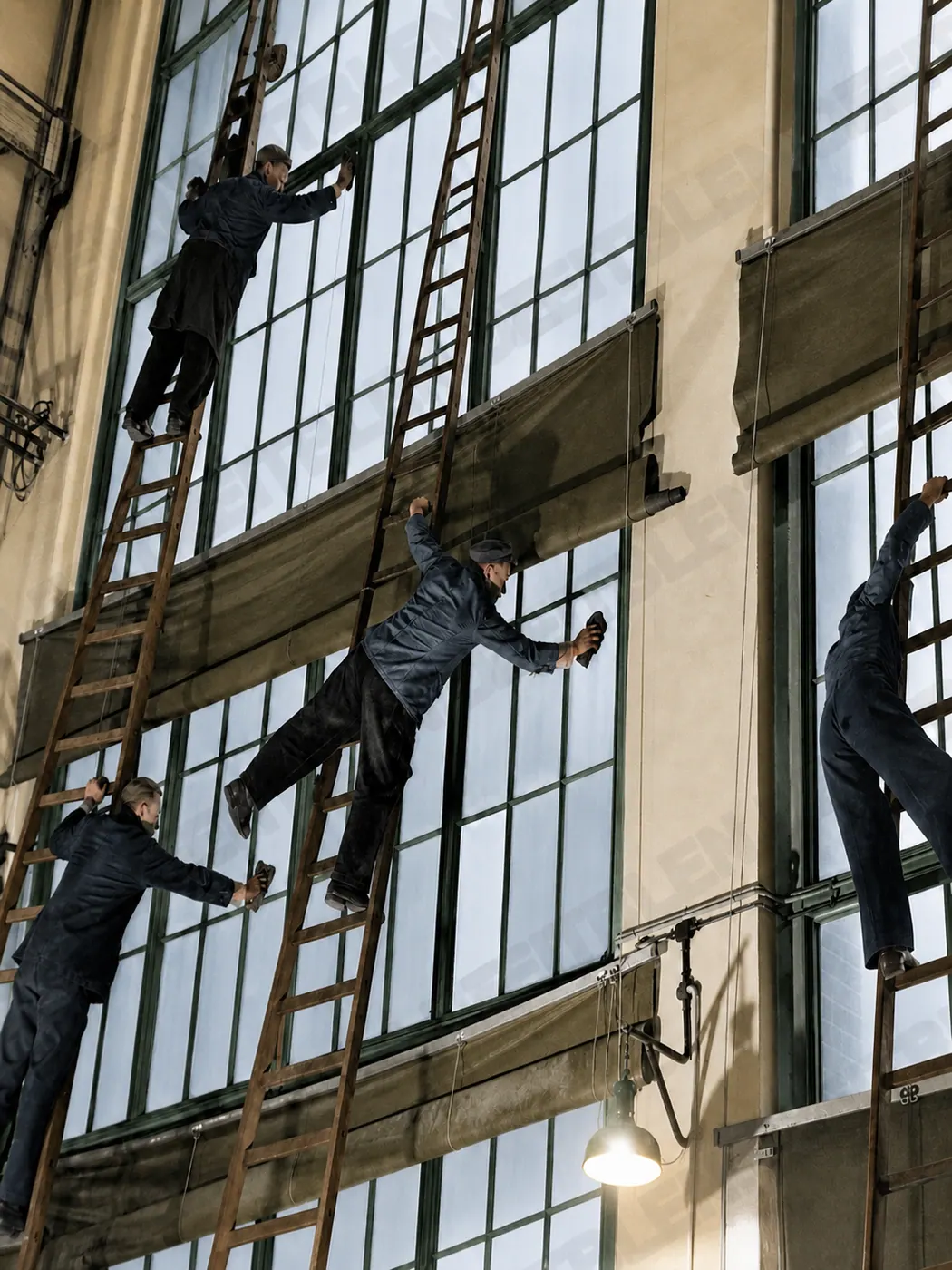 Fensterputzer auf Leitern in einer AEG-Halle