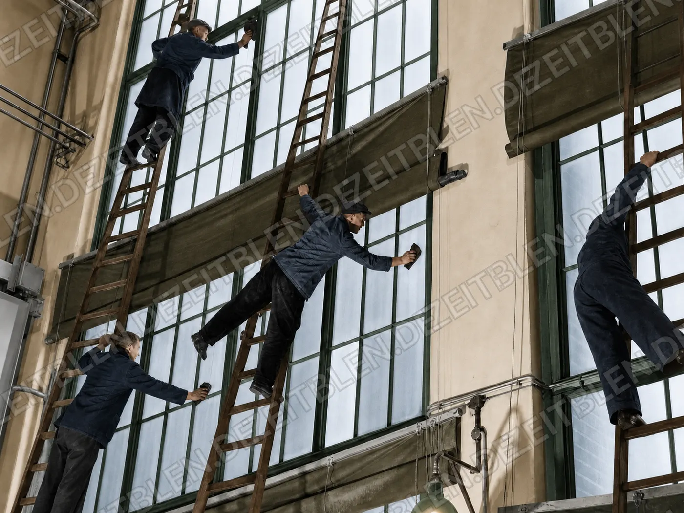 Arbeiter reinigen hohe Fenster einer AEG-Fabrikhalle