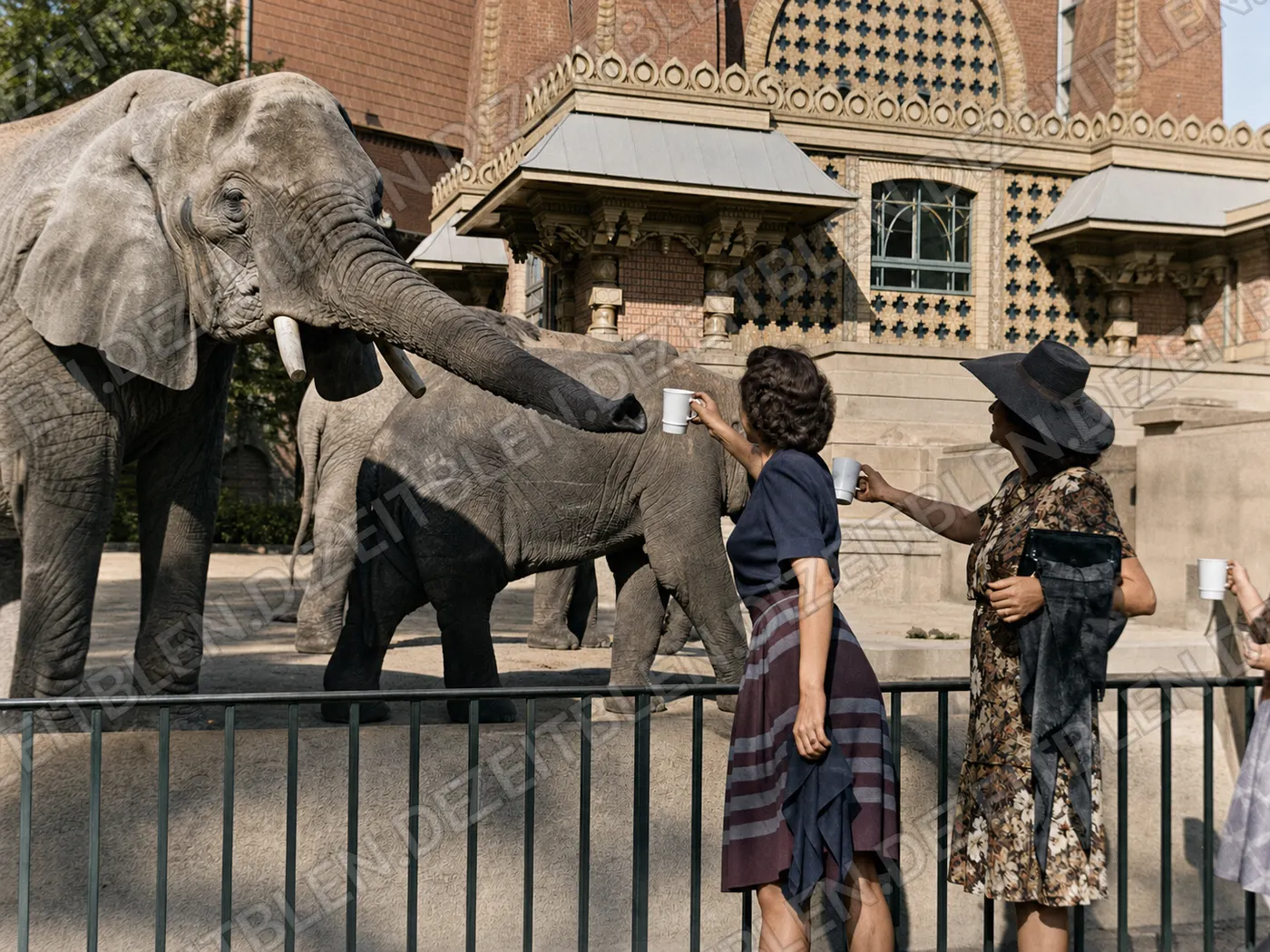 Besucherinnen fuettern Elefanten im Berliner Zoo