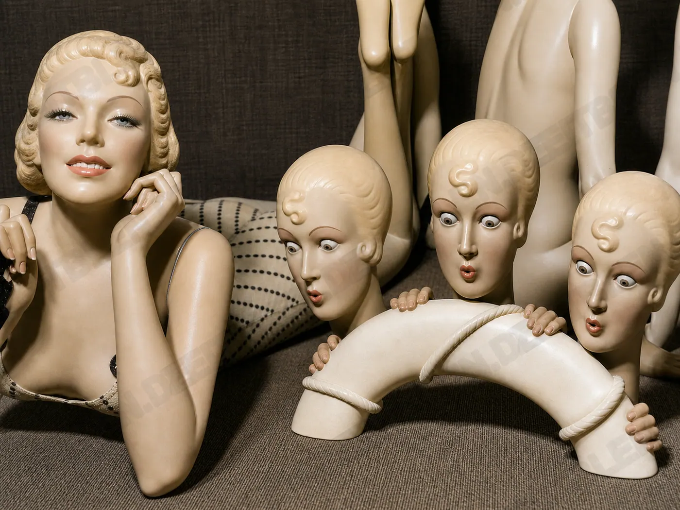 Schaufensterpuppen mit Köpfen, Beinen und Displayarmen