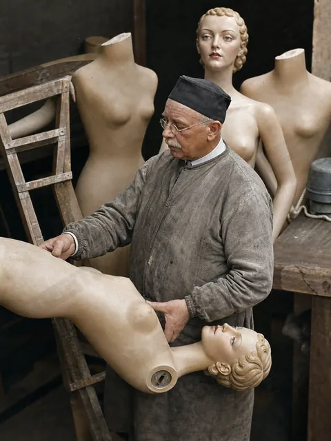 Handwerker mit Schaufensterpuppe in der Werkstatt