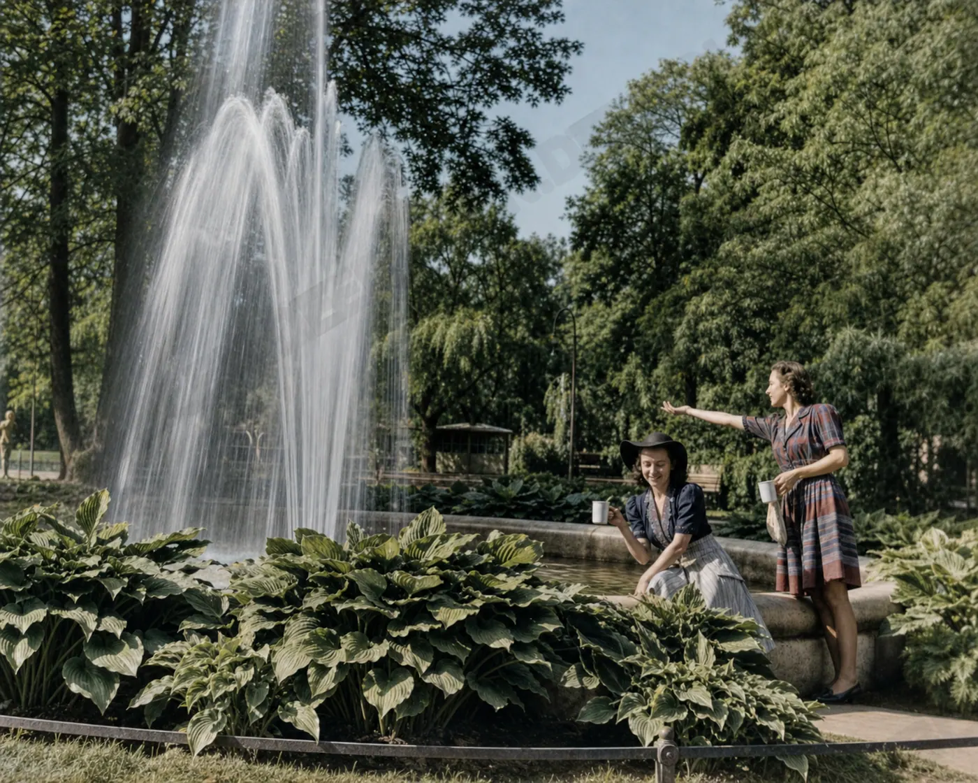 Zwei Freundinnen am Brunnen in einer Parkinszenierung