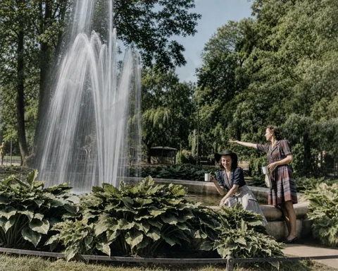 Zwei Freundinnen am Brunnen in einer Parkinszenierung
