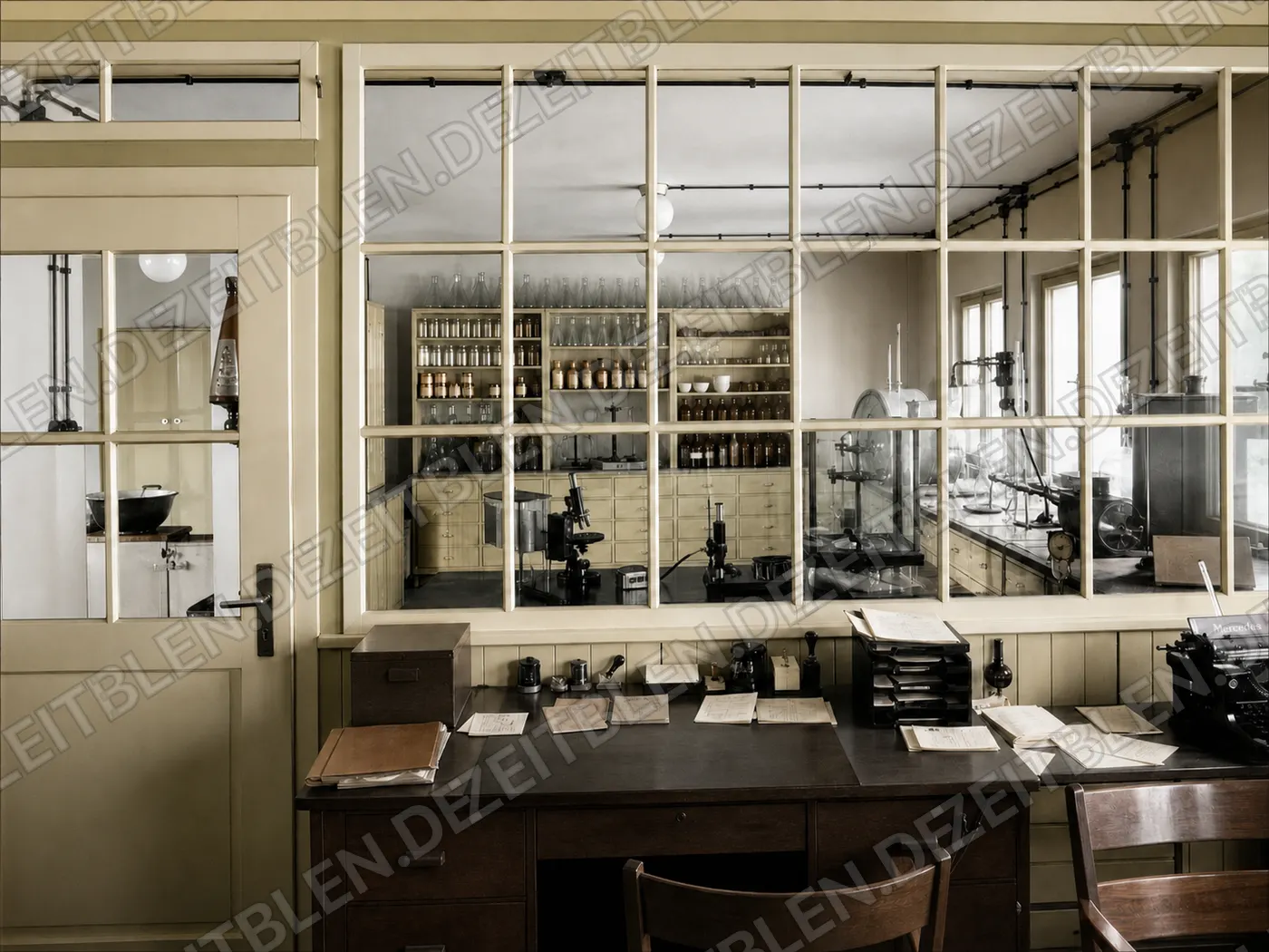 Blick durch die Glaswand ins Pallmann-Chemielabor