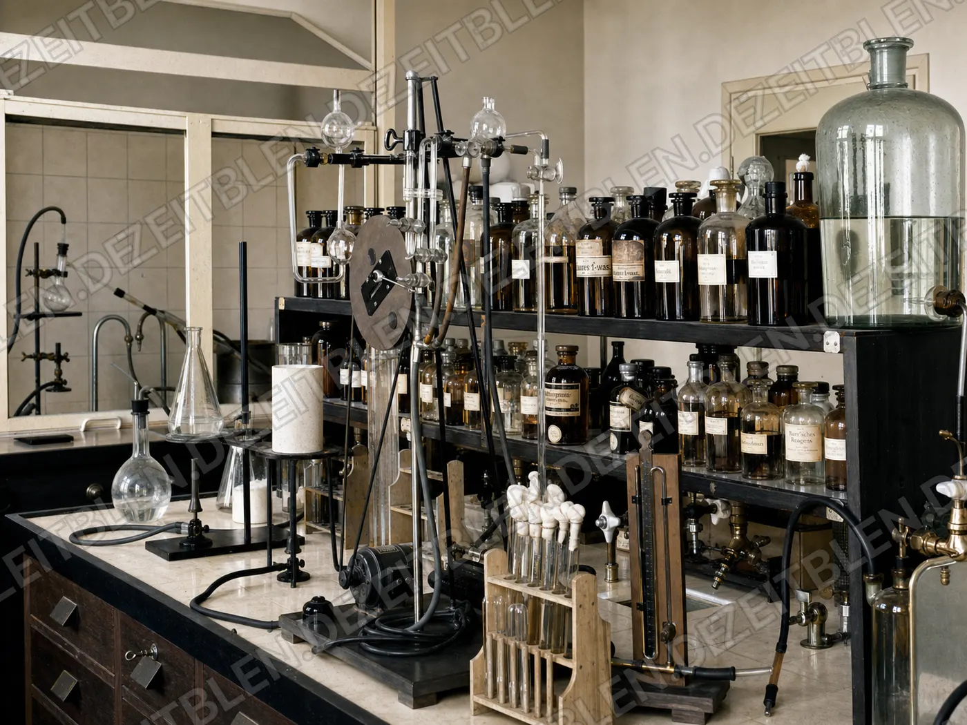 Detail einer Reagenzienbank im Pallmann-Chemielabor