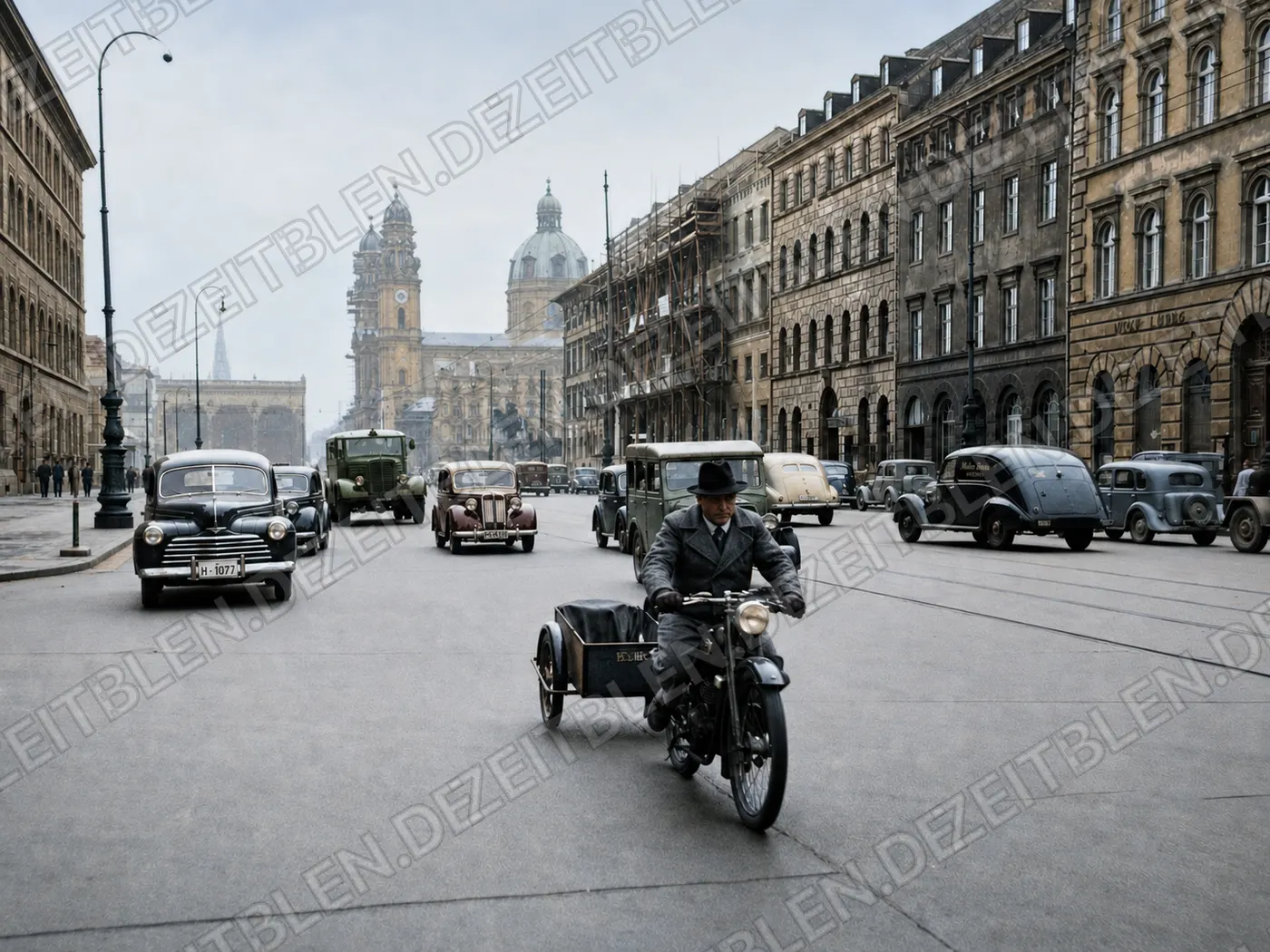 Motorrad mit Beiwagen im Verkehr der Ludwigstraße