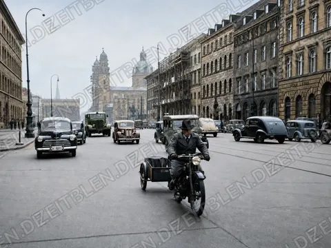 Motorrad mit Beiwagen im Verkehr der Ludwigstraße
