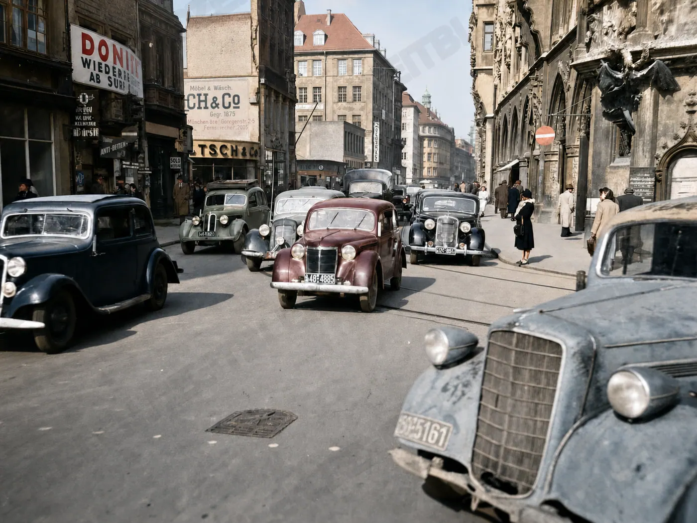 Straßenverkehr im Bereich Marienplatz, März 1950