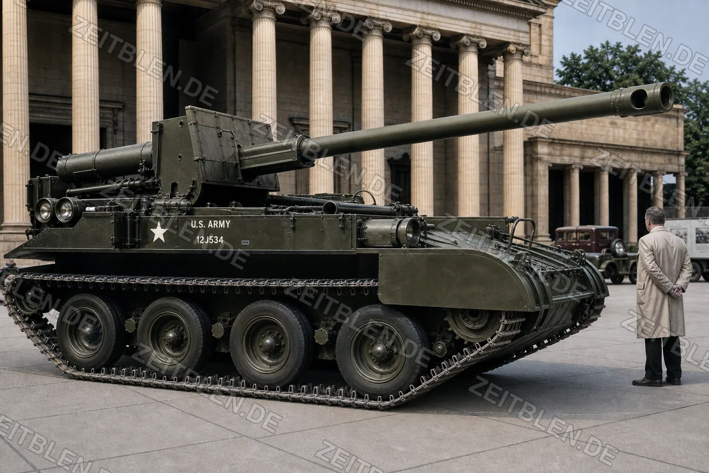 Seitenansicht eines US-Panzers am Königsplatz