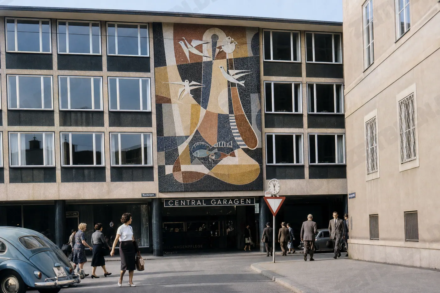 Mosaik und Central Garagen an der Neuen Maxburg