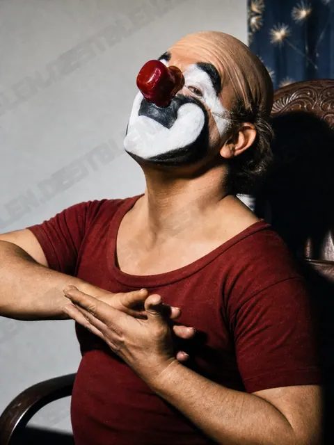 Charly Rivel mit erhobenem Blick und gefalteten Händen