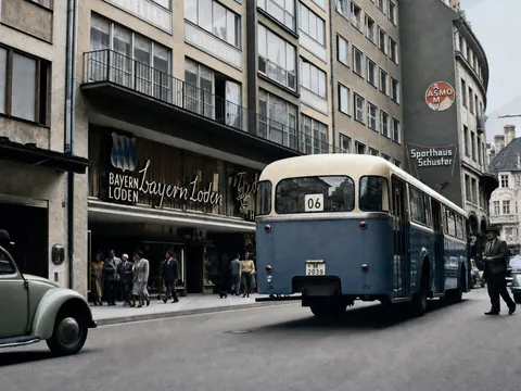Stadtbus der Linie 06 vor Münchner Schaufenstern