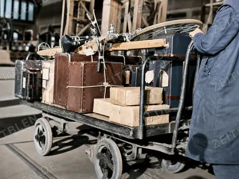 Voll beladener Gepäckwagen am Bahnhof