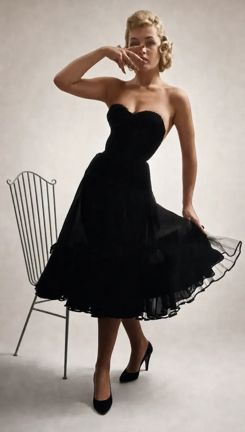 Unterwaescheaufnahme mit schwarzem Tuellkleid und Drahtstuhl
