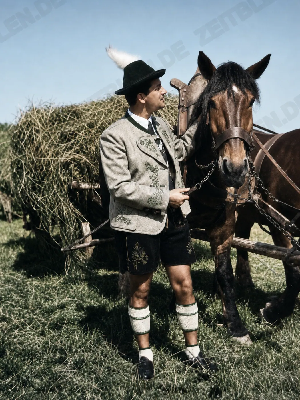 Lodenfrey-Trachtenjacke mit Pferd und Heuwagen