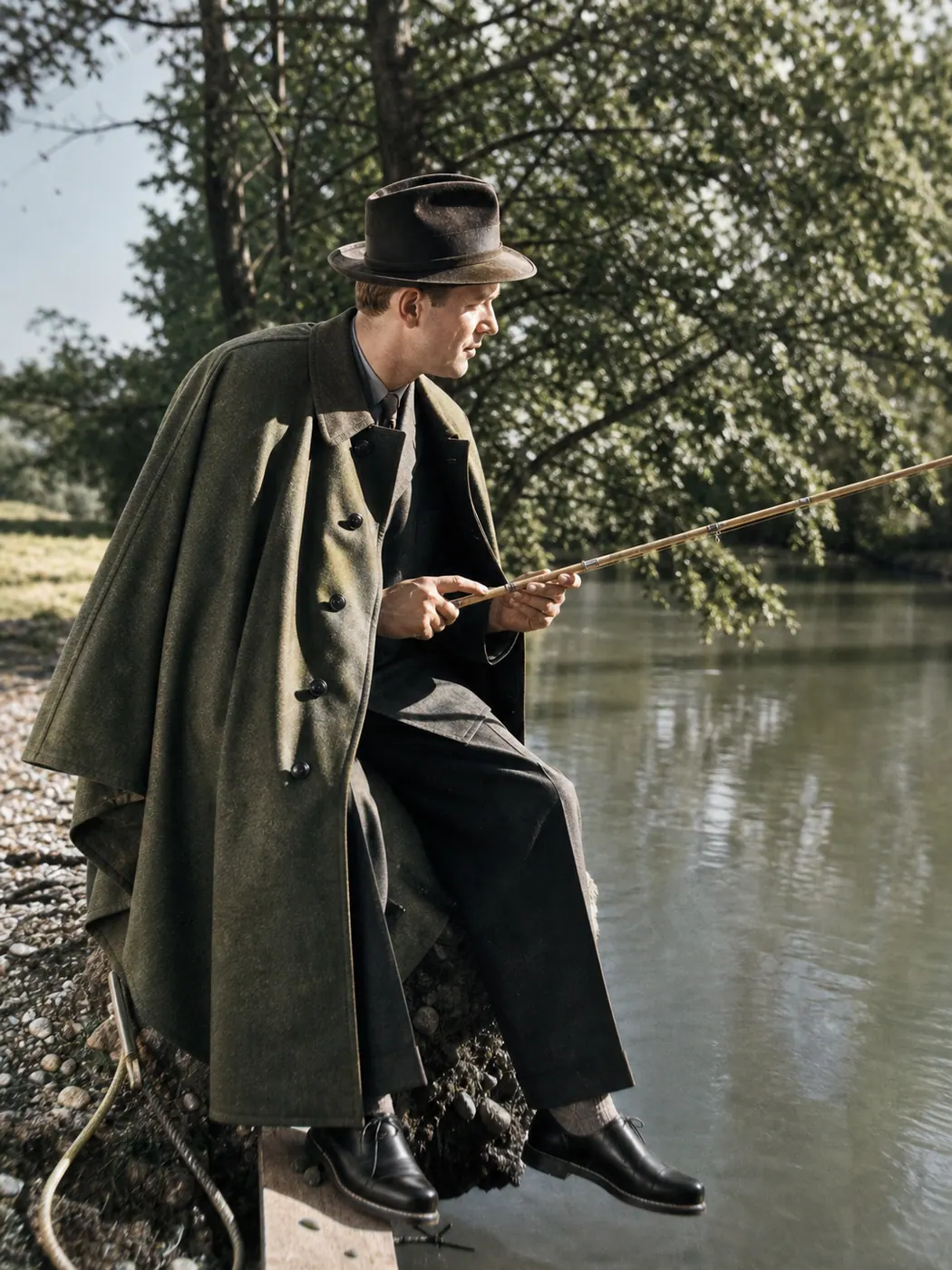 Lodenfrey-Fischermode mit Mantel am Wasser
