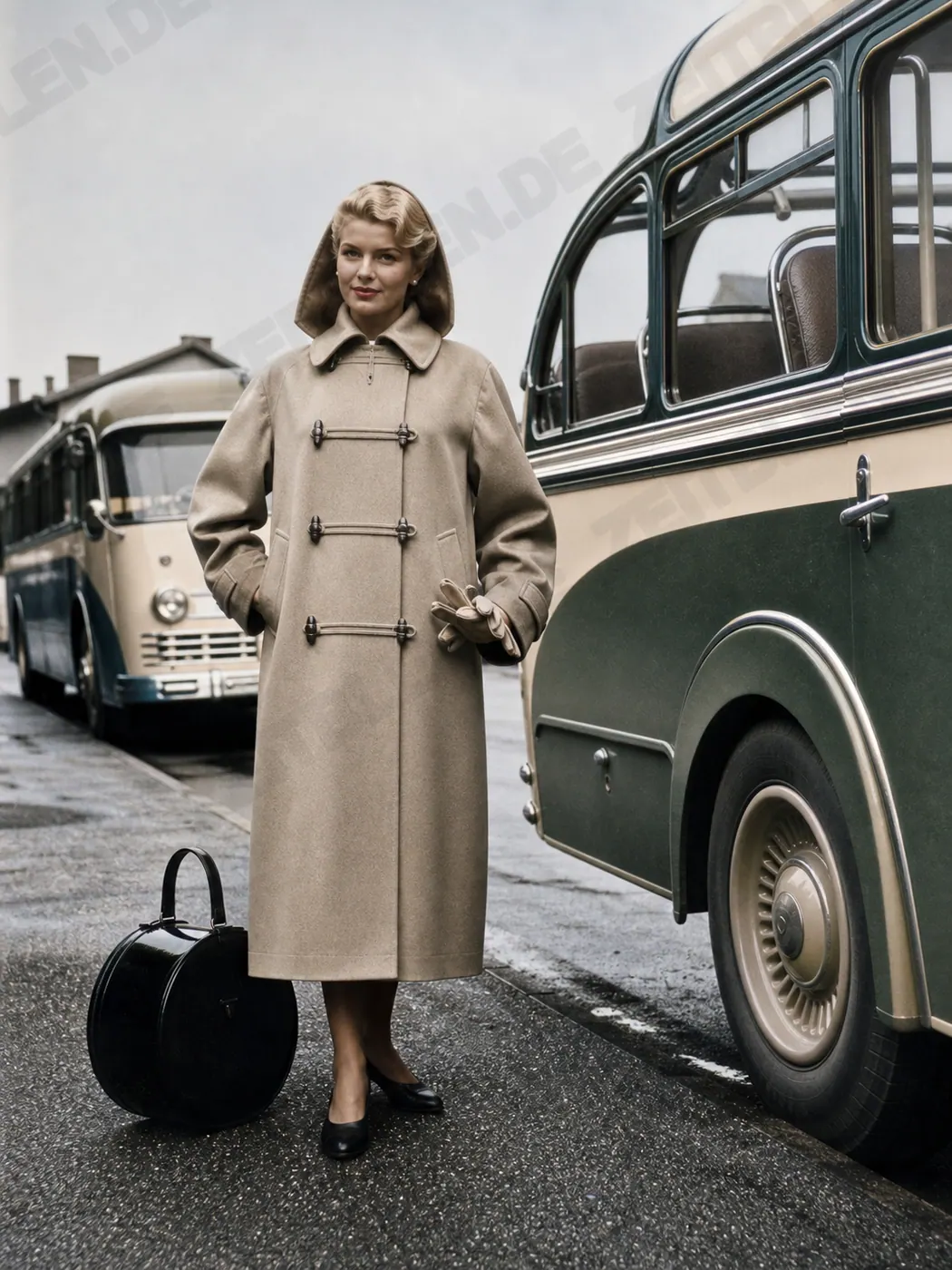 Lodenfrey-Damenmantel mit Handtasche am Reisebus