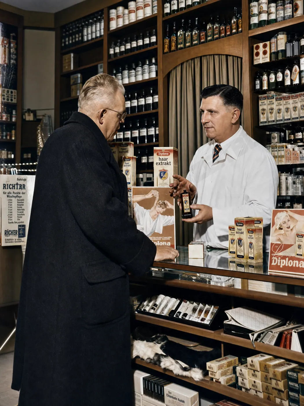 Beratung für Haarpflegeprodukte in Münchner Drogerie, 1956