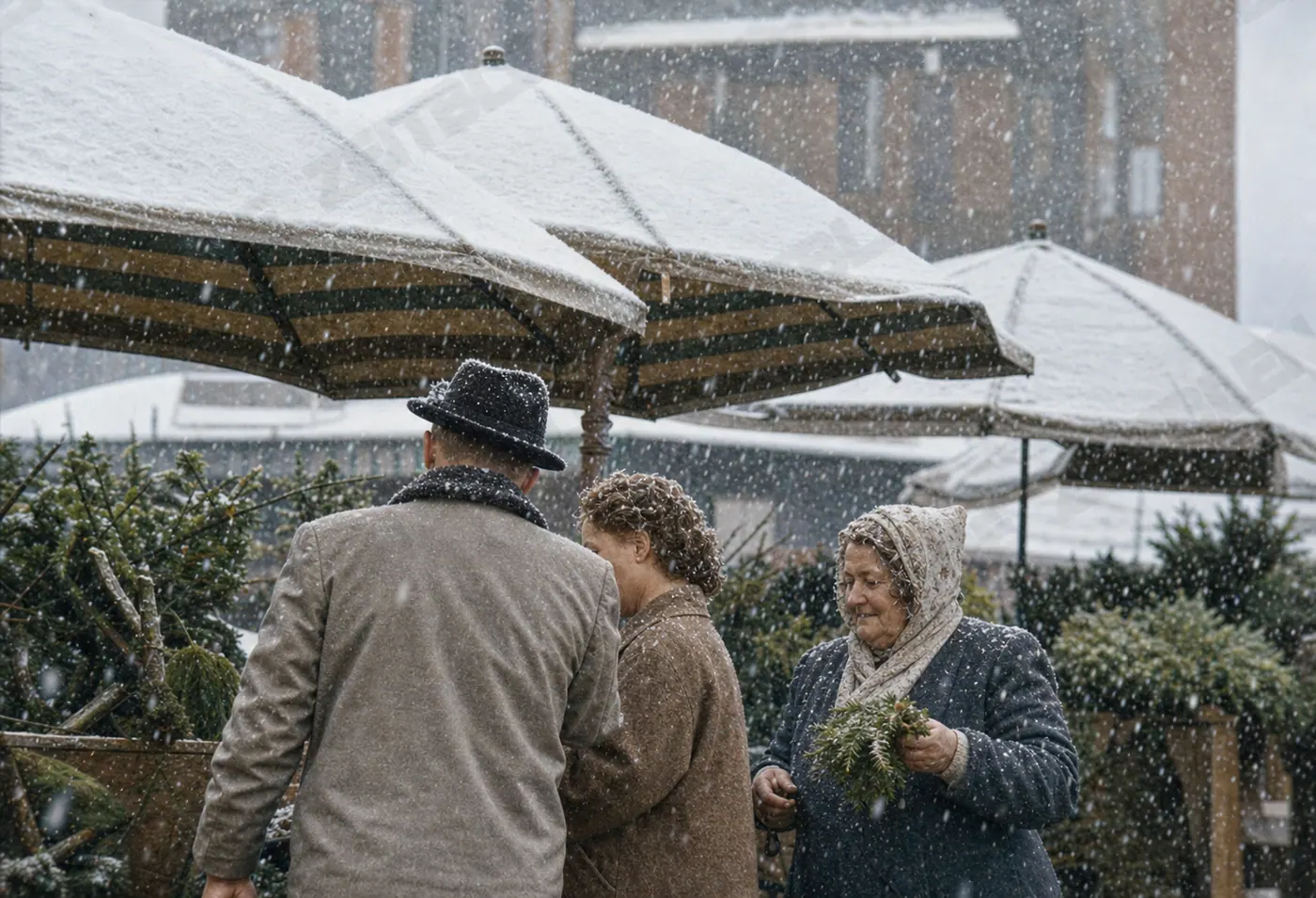 Erster Schnee am Münchner Viktualienmarkt, 1956