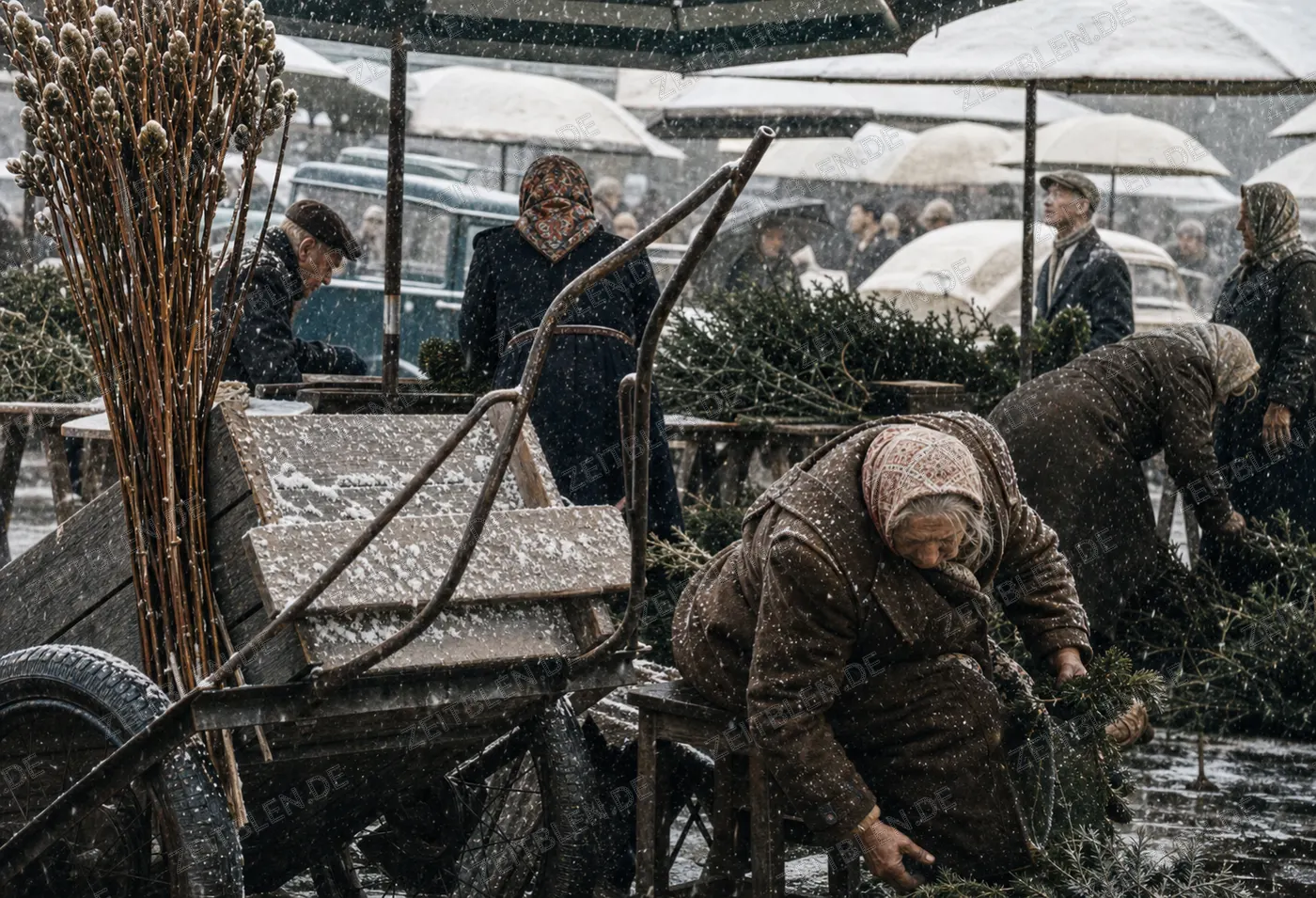 Marktarbeit im Schneefall am Viktualienmarkt, 1956