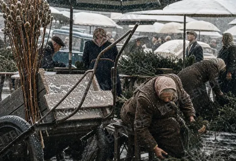 Marktarbeit im Schneefall am Viktualienmarkt, 1956