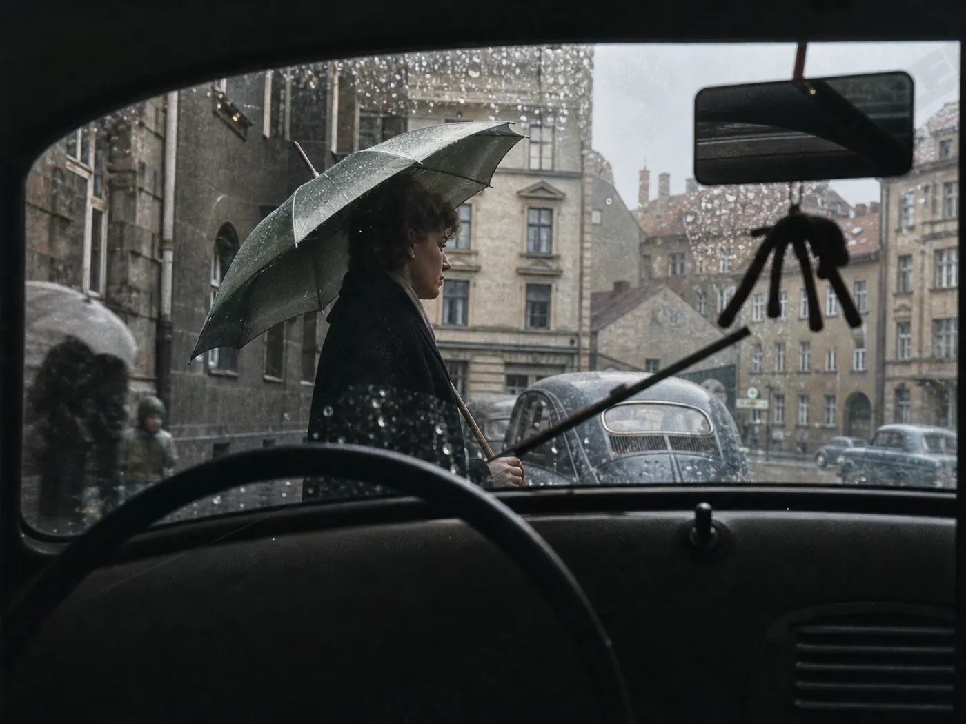 Fußgänger mit Regenschirm vor Fahrzeug, 1956