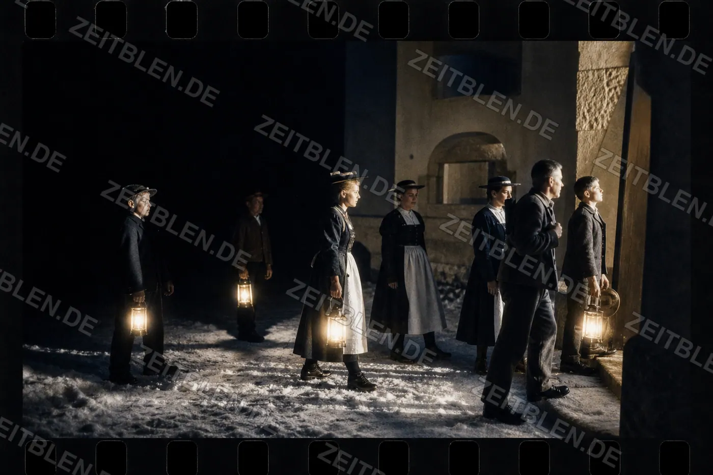 Gruppe mit Laternen vor der Christmette, 1930er Jahre