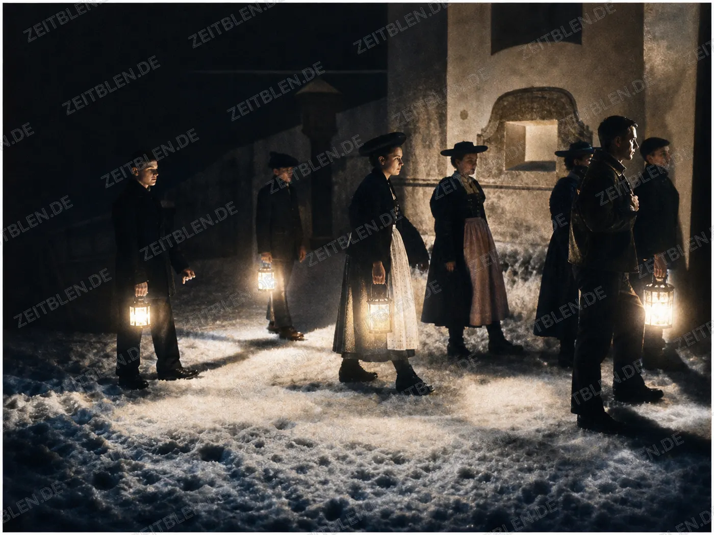 Laterngruppe im Schnee vor der Christmette, 1930er Jahre