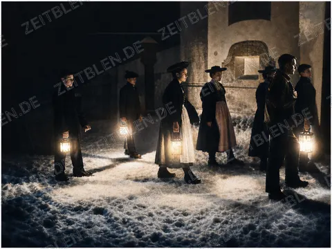 Laterngruppe im Schnee vor der Christmette, 1930er Jahre