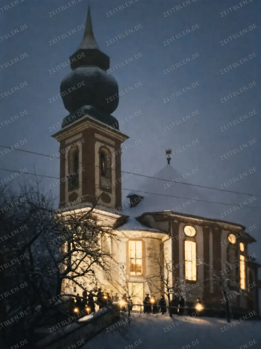 Verschneite Kirche vor der Christmette, 1930er Jahre