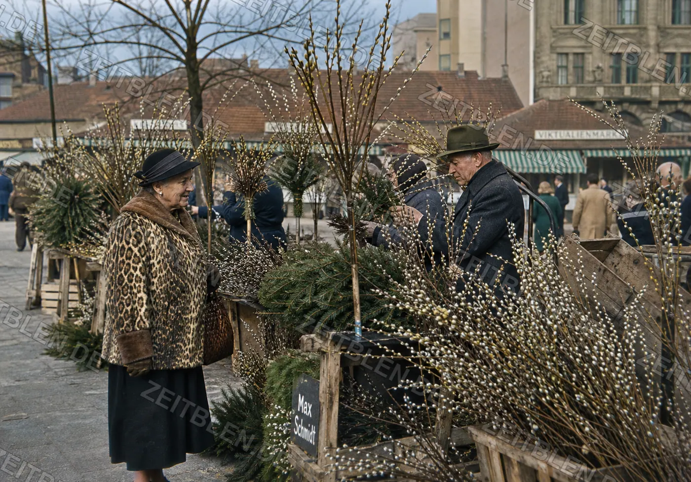 Palmkätzchenverkauf am Münchner Viktualienmarkt, Frühjahr 1956