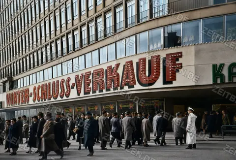 Kundschaft beim Schlussverkauf am Kaufhof, Stachus 1956