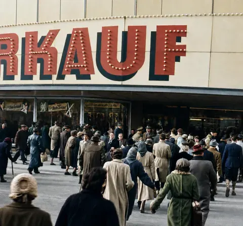 Andrang vor dem Kaufhof-Schlussverkauf am Stachus, 1956