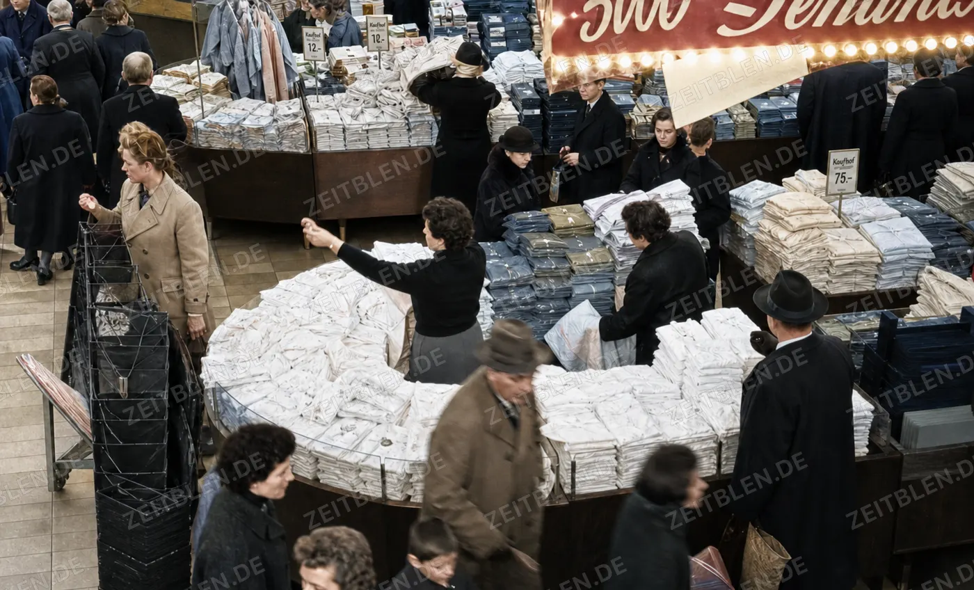 Haustextilien beim Winterschlussverkauf im Kaufhof, 1956