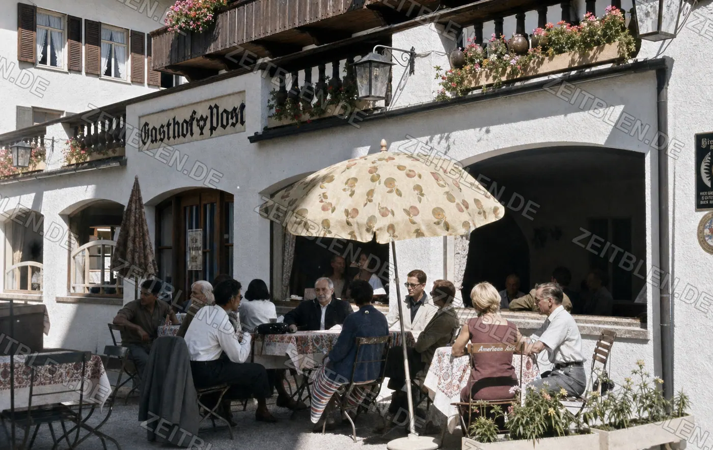 Terrasse am Gasthof Post in Oberbayern, 1955