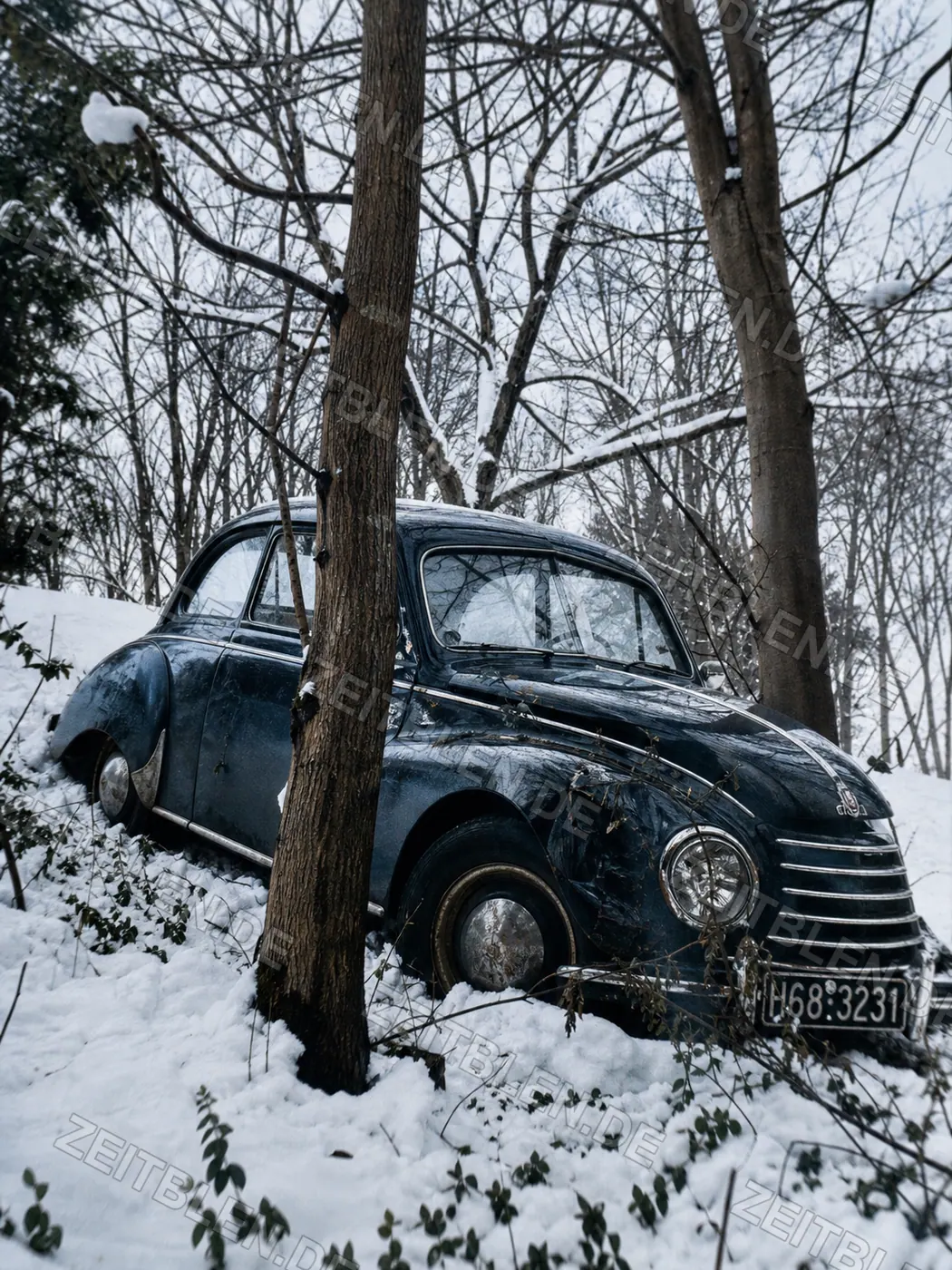 Unfallwagen im Schnee nach Glätteunfall, 1954