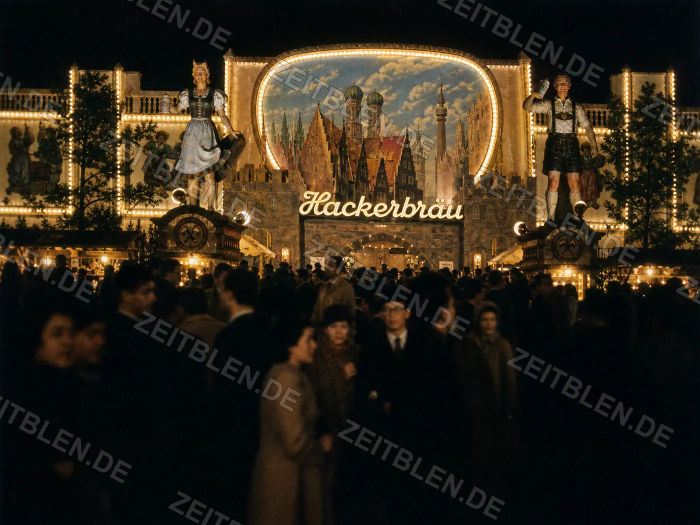 Nächtlicher Andrang vor dem Hackerbräu-Zelt, 1953