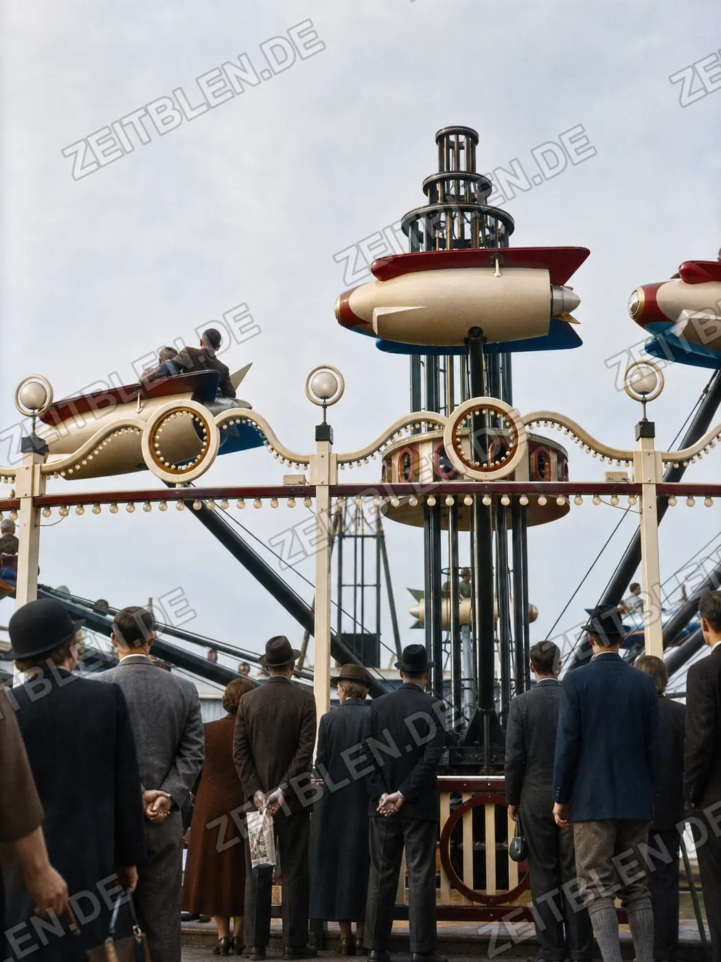 Zuschauer am Raketenflug-Fahrgeschäft auf dem Oktoberfest, 1952