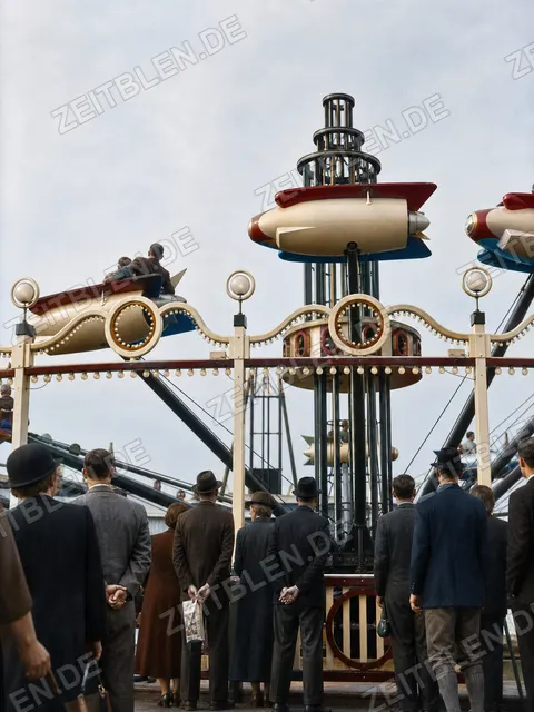Zuschauer am Raketenflug-Fahrgeschäft auf dem Oktoberfest, 1952