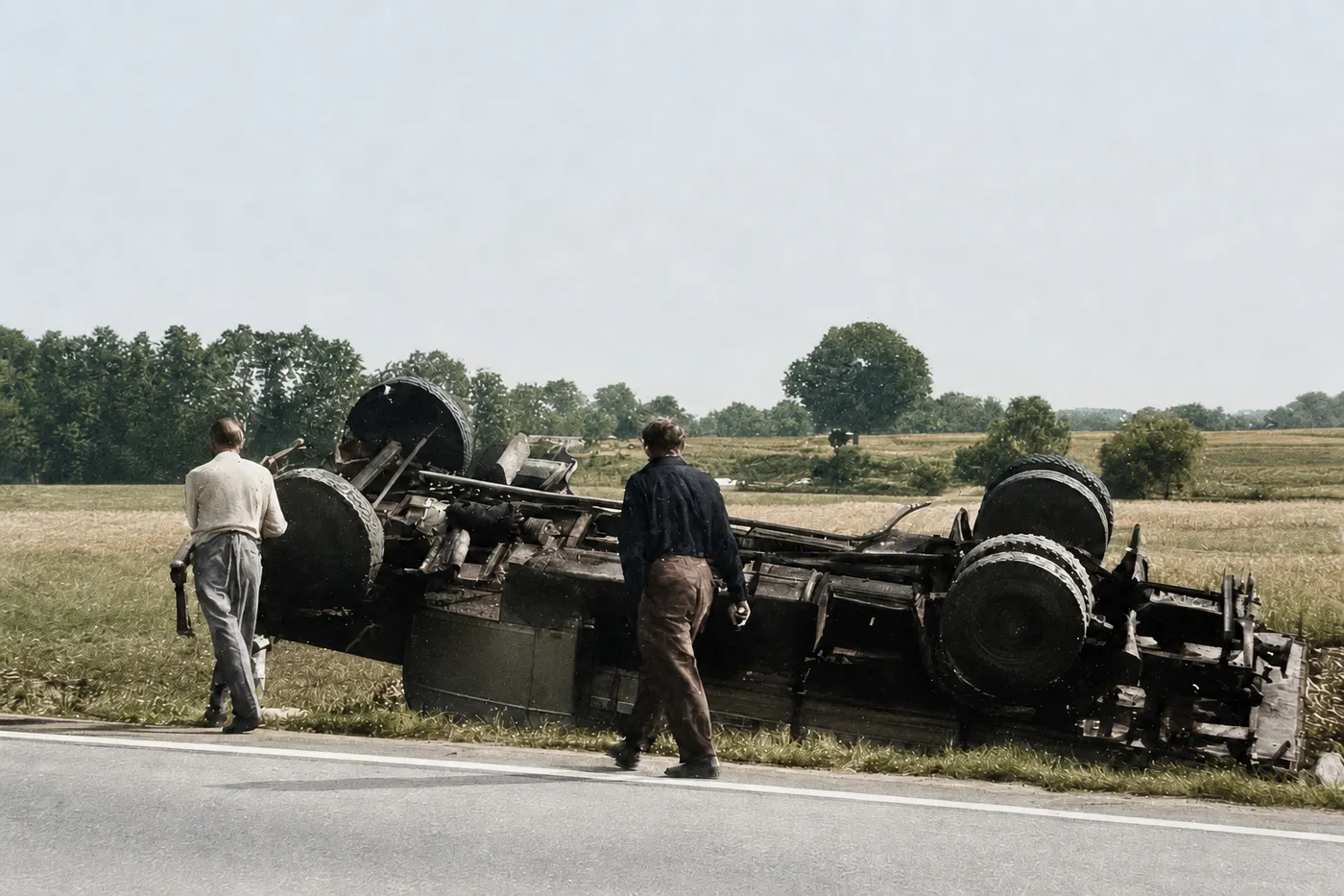 Umgestürzter Lastwagen am Straßenrand, 1951