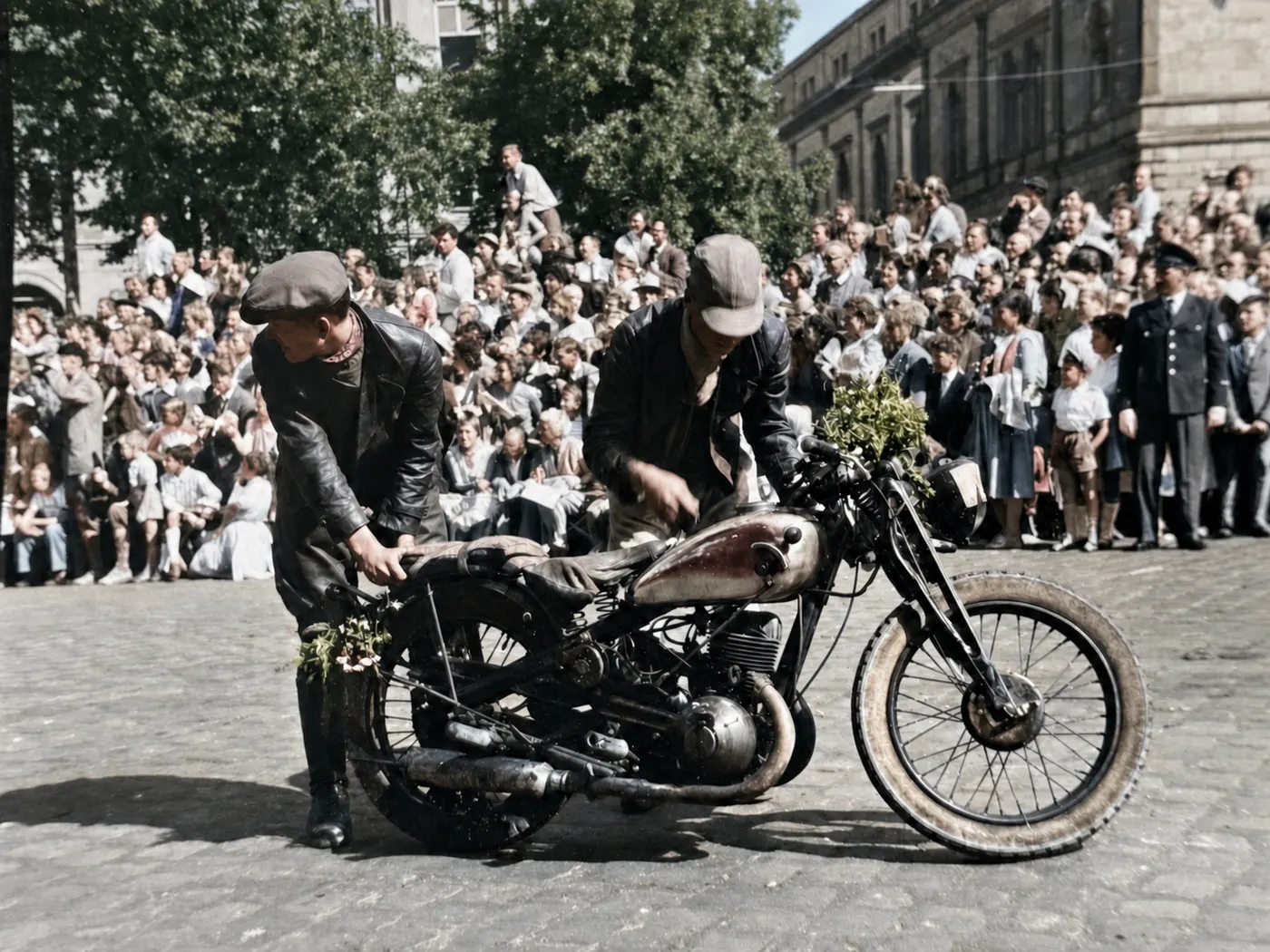 Historisches Motorrad beim Festzug „800 Jahre Münchner Verkehr“, 1958