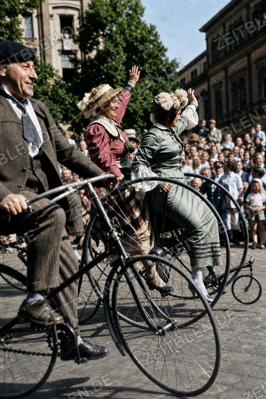 Kostümierte Hochradfahrer beim Münchner Verkehrsfestzug, 1958
