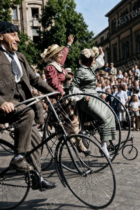 Kostümierte Hochradfahrer beim Münchner Verkehrsfestzug, 1958