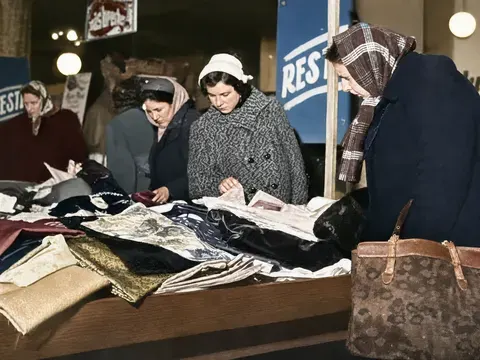 Kundinnen an einem Verkaufstisch beim Winterschlussverkauf, München 1956