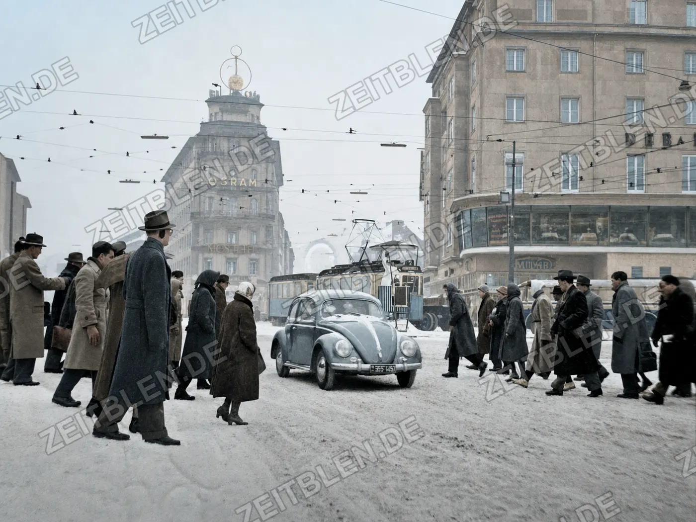 Winterlicher Stadtverkehr in München, 1956