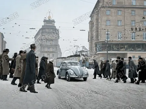 Winterlicher Stadtverkehr in München, 1956